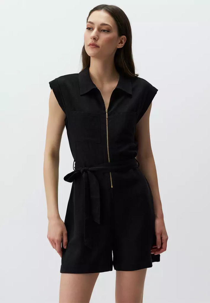 Jimmy Key Black Loose Fit Zippered Linen Jumpsuit
