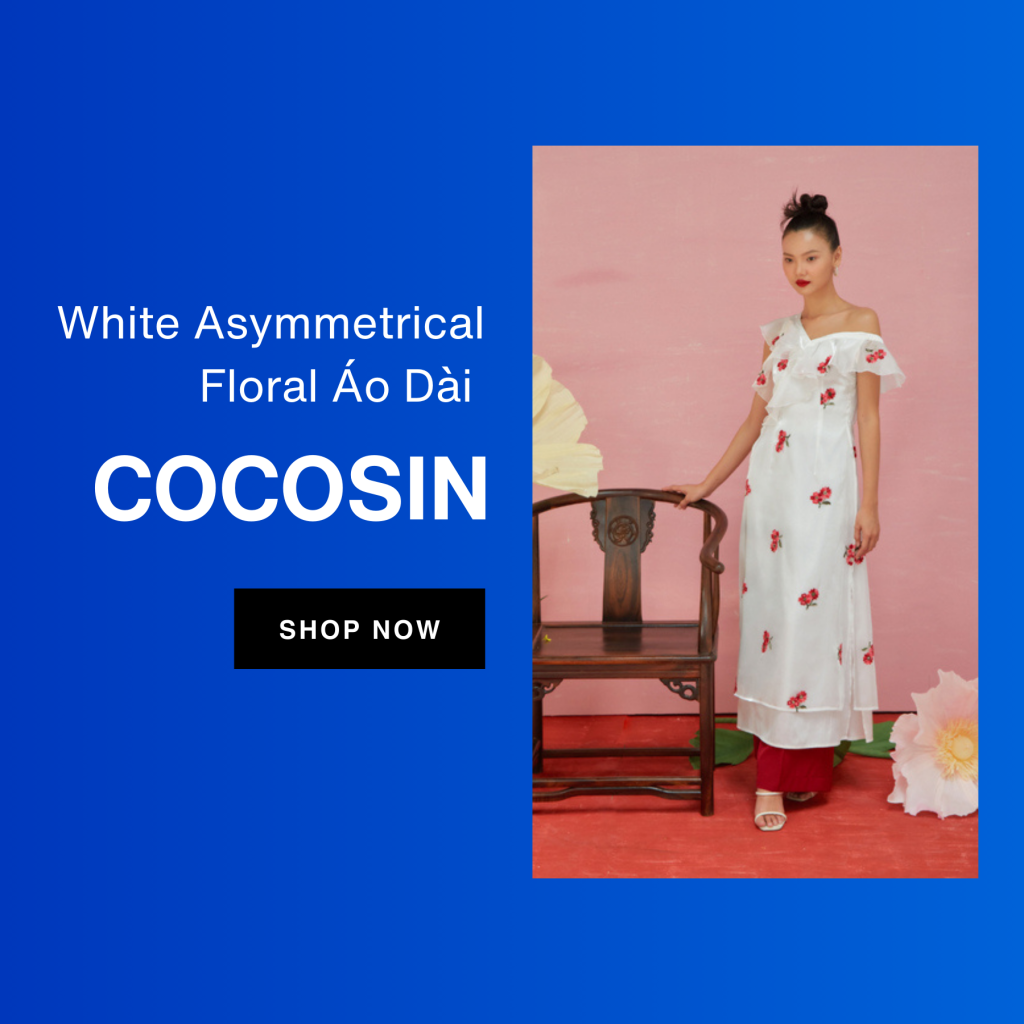 White Asymmetrical Floral Áo Dài by COCO SIN: A Modern Take on Elegance