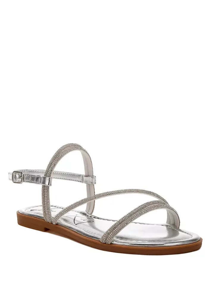 Rhinestone Strappy Flat Sandals in Silver