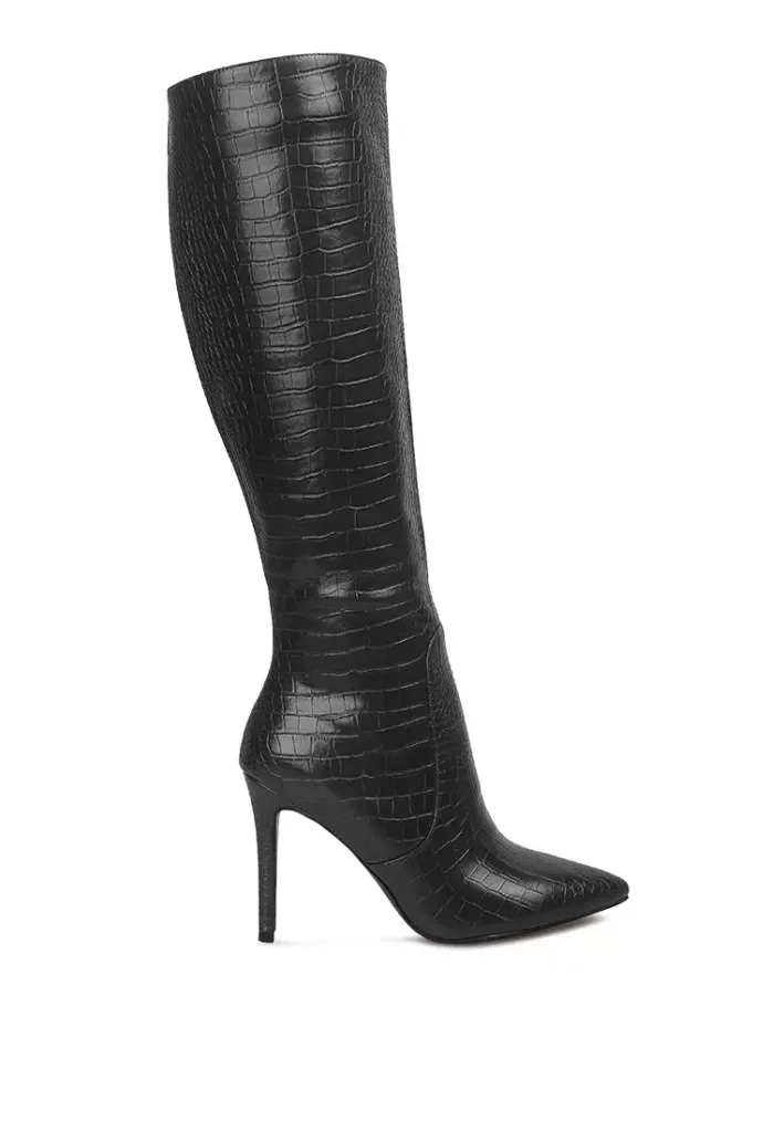 Black High Heeled Croc Calf Boots