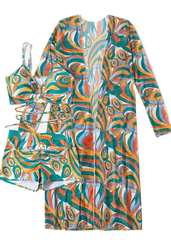 (3PCS)Sexy print drawstring bikini swimsuit