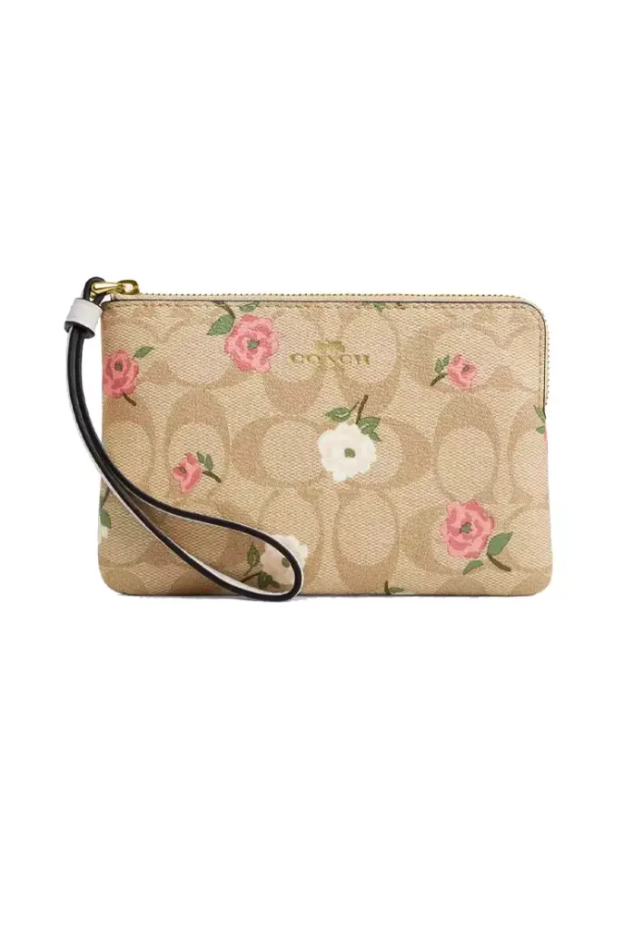 Corner Zip Wristlet In Signature Canvas With Floral Print CR973
